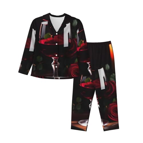 Pyjama 2 pièces femmes rouge vin imprimé rose bougie pour des nuits douces et confortables