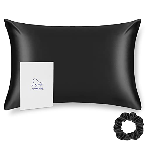ALASKA BEAR 100% Mulberry Silk Pillowcase for Hair and Skin Health, Hypoallergenic, Standard Size 50x75cm Natural Silk Pillow Case Slip Beauty Sleep (1pc, Black)