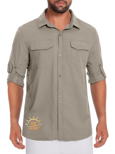 Listado de Ropa de Pesca para Hombre Top 5. 41 UPF50+ - Camisas de Pesca de Manga Larga con protección Solar para Hombre, Ligera, Camisa de Senderismo con Botones y Bolsillos con Cremallera Caquí 03 XL