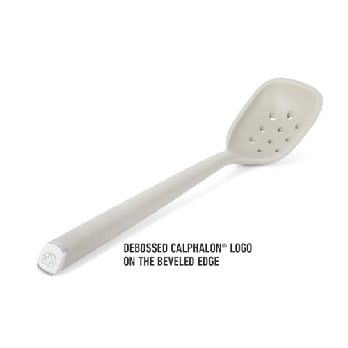 Image of Calphalon Edge Silicone Slotted Spoon /Skimmer, Flexible Heat-Resistant Kitchen Strainer Spoon for Cooking, Frying, Skimming, Draining & Serving, Taupe