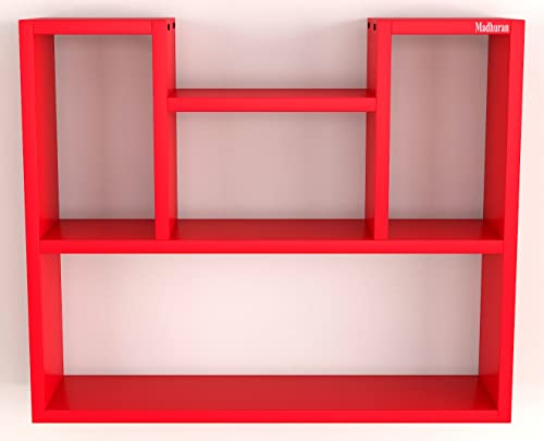 Image of Madhuran Wood Riya Books Cum Display Wall Rack Shelves Set of1 Red