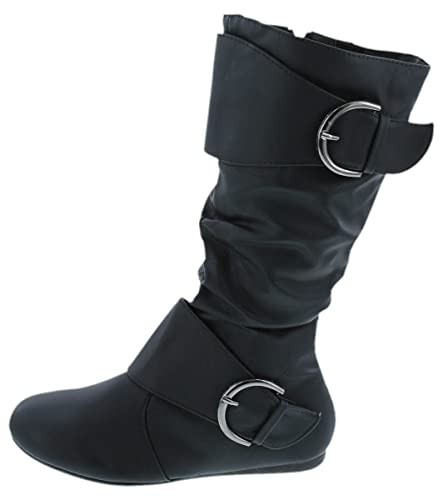 Image of Forever Link Women's Klein-70 Closed Round Toe Buckle Slouch Flat Heel Mid-Calf Boot