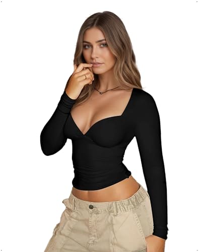 EMOTTOS Tops Cortos con Cuello Corazón para Mujer, Camisetas Y2K Sexys con Corte en la Manga Larga y Corte Ajustado, Camisetas Ajustadas para Mujer Discoteca, Negro, L