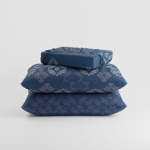 Image of BLISSHOME Everlast 150TC King Size Fitted Bedsheet with 2 Pillow Covers, Aesthetic Bedding, Wrinkle Resistant, 100+ Wash Durable, Quick Dry, Elegant Ornate Pattern - Blue (183cm x 198cm + 25cm Drop)