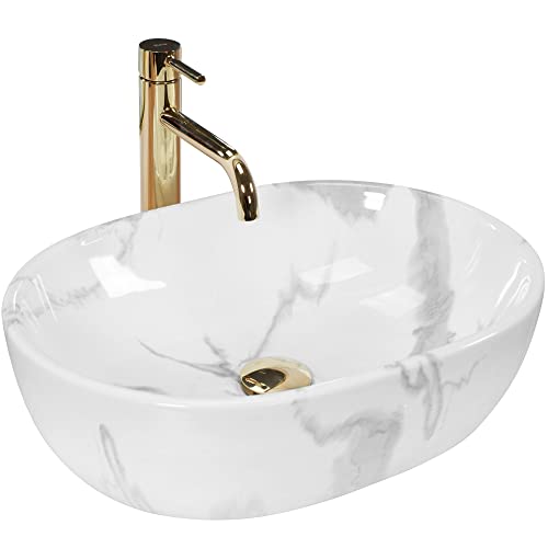 Rea Lavabo da Appoggio Amelia Marmo Shiny Lavandino bagno 480 x 345 x 135 mm Ceramica (Bianco, Imitazione Marmo)
