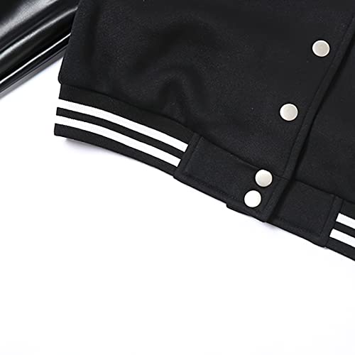 Xaspee Women's Casual Varsity Baseball Jacket Faux Leather Colorblock Button Crop Bomber Jacket (L, Black) #TOP5