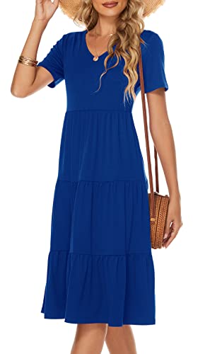 Image of Berydress Women's Casual Summer Tiered Midi Dress 2026 V Neck Boho Sundress | Short Sleeve Dresses for Women, Loose Ruffle Babydoll Style, Cotton Blend Fabric, for Church, Going Out, Beach Vacation