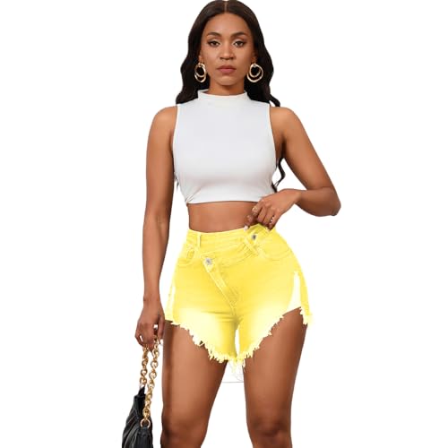 Image of PINSV Women's High Waisted Crossover Jean Shorts Ripped Raw Hem Summer Hot Denim Shorts Yellow XXL