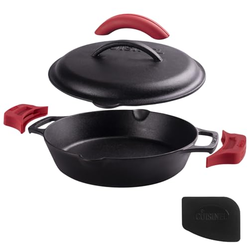 Image of Cuisinel Cast Iron Skillet + Cast Iron Lid - 10 inch-Inch Dual Handle Frying Pan + Pan Scraper + Silicone Handle Covers - Pre-Seasoned Oven Safe Cookware - Indoor /Outdoor, Grill, Stovetop, Induction Safe