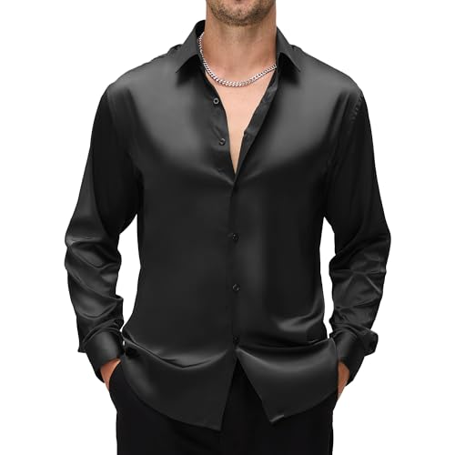 WARHORSEE Mens Silk Satin Dress Shirts Shiny Long Sleeve Button Down Shirt Party Prom Wedding Shirt