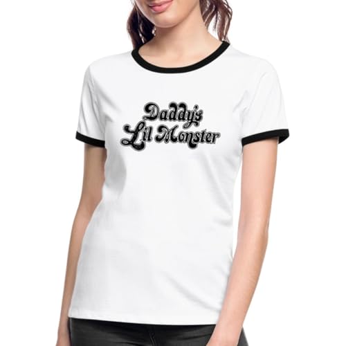 Image of Spreadshirt Harley Quinn Daddy's Lil Monster Women's Ringer T-Shirt, L, White/Black