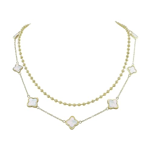 PAUL VALENTINE Damen Layer Halskette 18K Gold Veredelung, 42-46cm, Edelstahl, 7 Perlmutt Anhänger, Karabinerverschluss – Elegantes Layering Schmuckstück für Damen