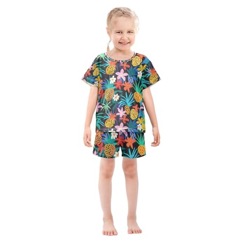 ALAZA Colorful Flower Pineapple Pajamas Set Short Sleeve Cotton Sleepwear Summer Pjs 2 Piece 5-14Y3