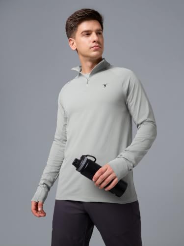 Image of TECHNOSPORT Men's Solid Quarter Zip Gym Slim Fit Active Sports T-Shirt with COTFLEX Full Sleeve Cotton Feel Polyester 4-Way Stretch Memory Fabric Lightweight Workout Running Training