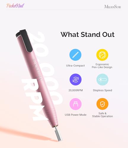 Image of MelodySusie PocketNail Slim Ergonomic Pen-Shaped USB Nail Drill, PC100G 20000RPM Portable Electric File for All Manicure, Pedicure Nail Care, Shaping & Gel Removal at Home for Beginners