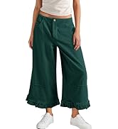 Nirovien Womens Wide Leg Flare Jeans Elastic Waist Capri Pants Baggy Ruffle Hem Denim Pants with ...