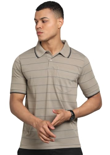 Image of INKKR Men Striped Polo Neck Cotton Blend T-Shirt