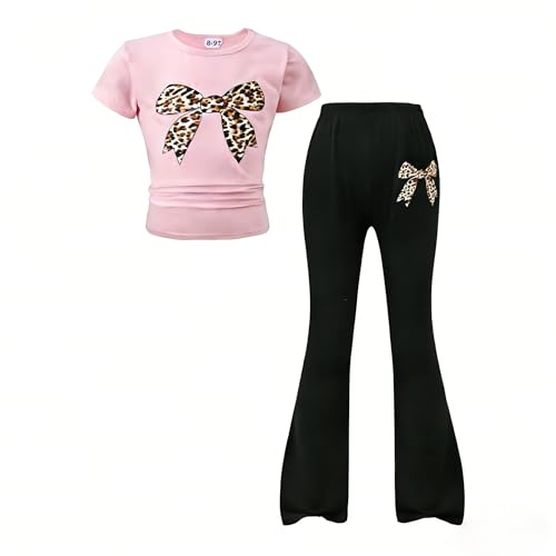 Togrielan Girls' Summer 2-Piece Outfit Set Bow-Embellished Short-Sleeve Top + Flared Pants Size 8-13 Years Old Size 11 12
