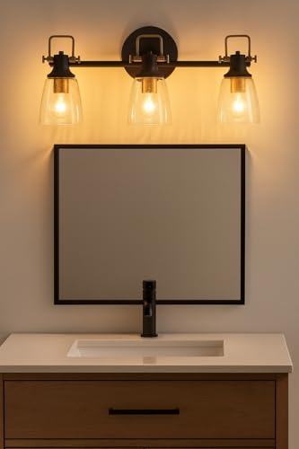 Image of Hinkley Easton Three Light Bath Vanity Fixture - Modern Industrial, Clear Seedy Glass Shade, Mounts Up or Down - Black and Heritage Brass
