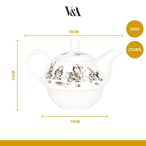 V&A Alice in Wonderland Teapot and Cup Set For 1 in Gift Box, Fine China Tea Set, White, 250 ml