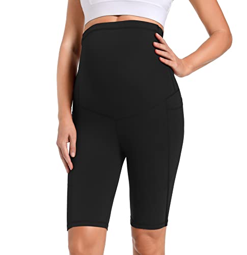 Foucome Women's Maternity Biker Shorts Over The Belly Pregnancy Yoga Workout Running Short Pants With Pockets 9" Black, L #TOP3