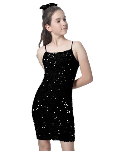 Mebius Girls Sequin Party Dress Bodycon Spaghetti Strap Mini Sparkle School Dance Birthday Special Occasion Dress 8-14Y4