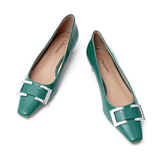 C.Paravano Metal Buckle Square Toe Low Block Heels Closed Toe Chunky Heels 1.1 in Low Heel Pumps Vintage Women's Pump for Party Wear Dress Pumps Shoes Soft Lambskin(Green,5.5)