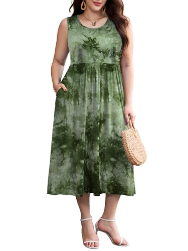 Image of LARACE Women's Plus Size Sleeveless Maxi Dress Casual Crew Neck Pleated Flowy Long Dresses with Pockets L-6XL