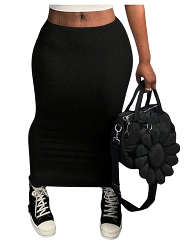 WDIRARA Women's Plus Size Bodycon Skirt Elastic Waist Stretch Long Skirts Black 5X-Large Plus