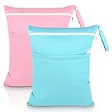 SLETIE 2 Packs Wet Bag, Waterproof Wet Dry Bags, Reusable Washable Cloth Diaper Bags, Nappy Bag with Double Zipper Pockets for Baby Items Swimming Camping Travel Beach Pool Bag (Pink+Blue)