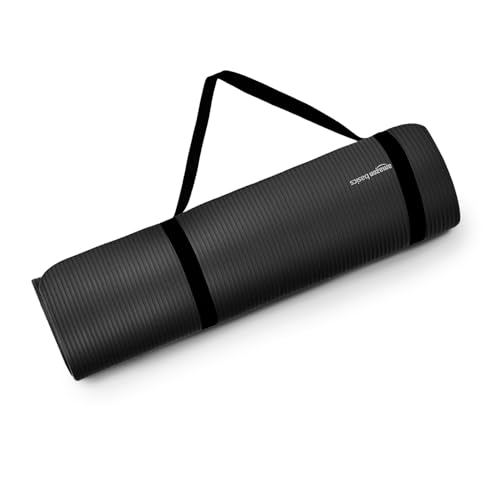 Image of Amazon Basics NBR Yoga & Exercise Mat with Carrying Strap | 10 mm Thick Cushioned Support | Non-Slip Textured Surface | Durable Foam Rubber Material | Floor Protection | Ideal for Yoga, Pilates & Home Workouts | 183 x 61 cm | Black