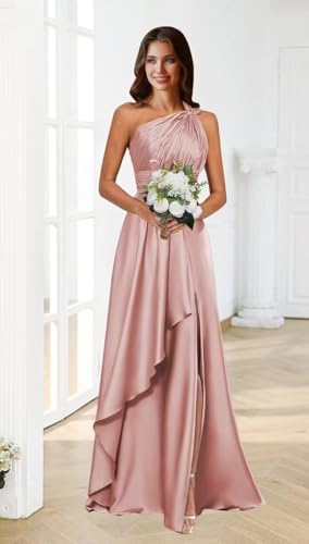 One Shoulder Bridesmaid Dresses for Wedding Guest Satin Ruffles Pleated Formal Gown with Slit3