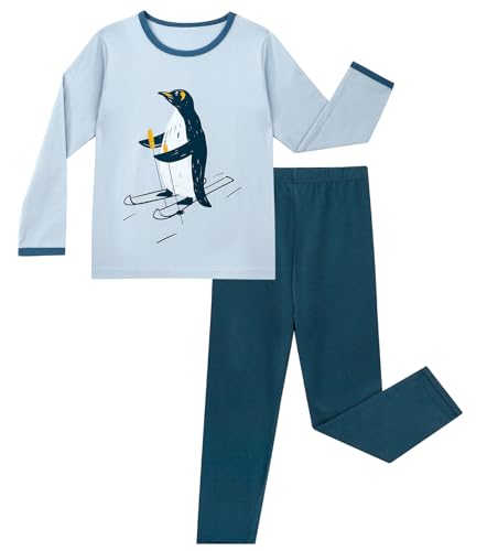 LACOFIA Kinder Jungen Schlafanzug Baumwolle Langarm Pyjama Set Zweiteilig Nachtwäsche Bequem Pjs Mit Lange Oberteile Und Hosen Blau Pinguin 128-134