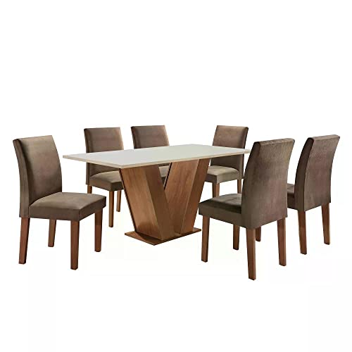 Conjunto Sala de Jantar Mesa Tampo de Vidro 6 Cadeiras Espanha Siena Móveis Chocolate