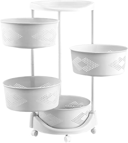 YWHT キッチン野菜ラック、回転、小物収納カート、床置き、環境に優しいABS、3/4/5層、円形、組み立て簡単、可動棚、キャスター付き、天板付き、フルーツバスケット、多機能家庭用、バスルーム収納 (アイボリーホワイト,4段 (36.5×36.5×73cm