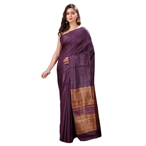 Indiehaat Women Silkmark Certified Handloom Bhagaplur Eri Silk Purple Saree With Blouse Piece (Purple, Free Si