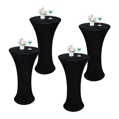Wolkemer 4PCS 32x43 Inch Black Round Cocktail Tablecloth Fitted Highboy Stretch Cocktail Table Cover for Banquet Bar Party Pub Wedding Indoor Outdoor
