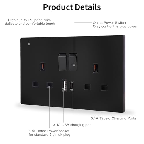 Black Double Switched Power Socket 5 Pack 13 Amp with USB-A and Type-C Charging Ports Crystal Wall Outlet Power Socket 146mm*86mm
