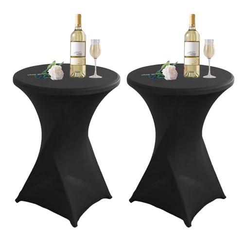 2er-Set Schwarz Stehtisch Stehtischhusse, Ø 80-85 cm Rund Stehtischdecken Elastisch Weiß Stretch Tischdecken mit Fußtaschen, für Bar Runde Tische Hochzeiten Geburtstagsfeiern Bankette - 80 x 110 cm