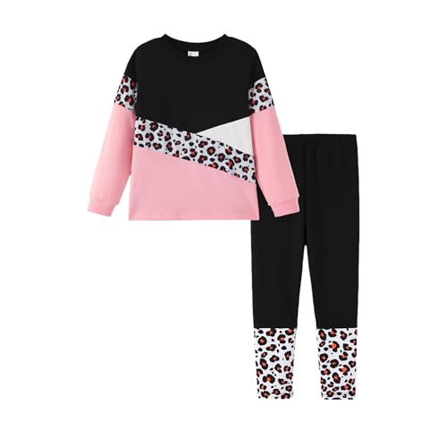 Image of PATPAT Little Girls Clothes Crew Neck Leopard Color Block Sweatshirt and Leggings Girls Outfits Size 4-12Y