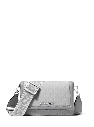 Michael Kors Bolsa tiracolo para celular Jet Set, ferragens prateadas/tonal MK Signature Nylon com logotipo MK Webbing/Storm