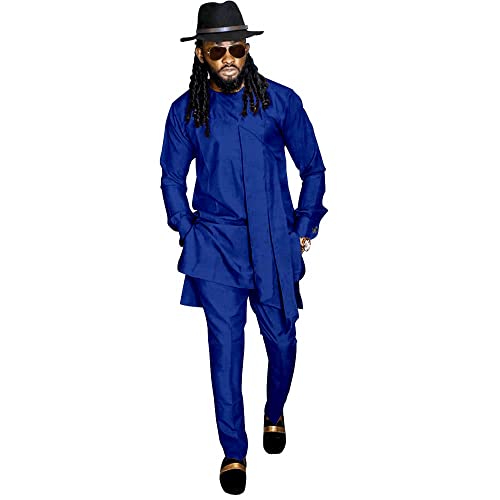 SEA&ALP Men's Fashion Clothes African Shirt and Pant Suit Dashiki Long Sleeve Casual Outfits Blouse Pockets Blue TR2 Medium