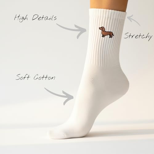 Tindo Dackel Socken Damen Herren – Weiße Crew Socken mit Dackel Stickerei – Lustige Hundemotiv Socken – Retro Streetwear Unisex – Bequeme Baumwollsocken & Geschenkidee für Tierliebhaber