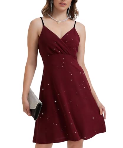 J.Corrine Womens Sparkly Dress Spaghetti Straps Glitter Party Dresses Mini Swing Semi Formal Prom Club Homecoming Dress Red L