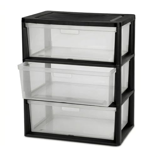 Wide 3-Drawer Plastic Storage Tower Organizer, Clear Removable Bins with Black Frame, 25.25" High, Drawer Stops & Integrated Handles for Closet, Bedroom, Craft Room, and Dorm Organization
