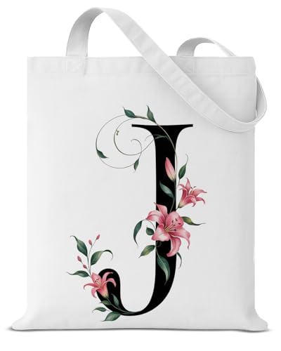 Sacola de lona personalizada com inicial J para mulheres, meninas, irmã, professora, dama de honra, presente com monograma, letra floral, reutilizável, bolsa de ombro para compras, viagens, trabalho