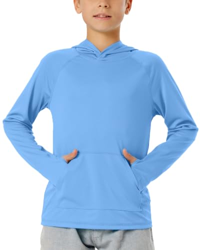 Image of Boys Rash Guard Long Sleeve Hoodie Swim Shirt with Pocket Youth Kids UPF 50+ Sun Protection Fishing Shirts Thumb Hole