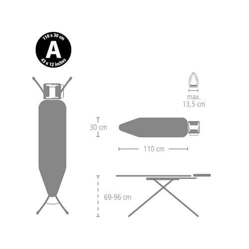 Brabantia Size A Compact Small Ironing Board (43x12 in) 7 Height Options, Adjustable Steam Iron Rest Holder (New Dawn) Non-Slip Feet, Anti-Collapse Child Locks