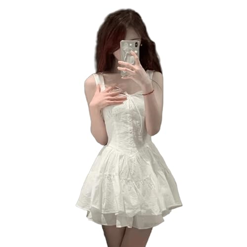 French First Love Pure Desire Wind White Strap Dress Fairy Waist Puff Short Skirt Dress