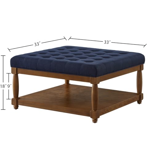 24KF Upholstered Square Coffee Table with Wooden Shelf, Tufted Button Large Square Ottoman with Spindle Wooden Legs, Linen Large Footrest Ottoman Pouf for Living Room, Navy Blue